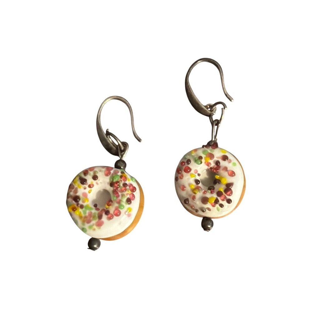 Handcrafted Donut Glass Dangle Earrings Multicolor Sprinkle Detail Hook 1.75"
